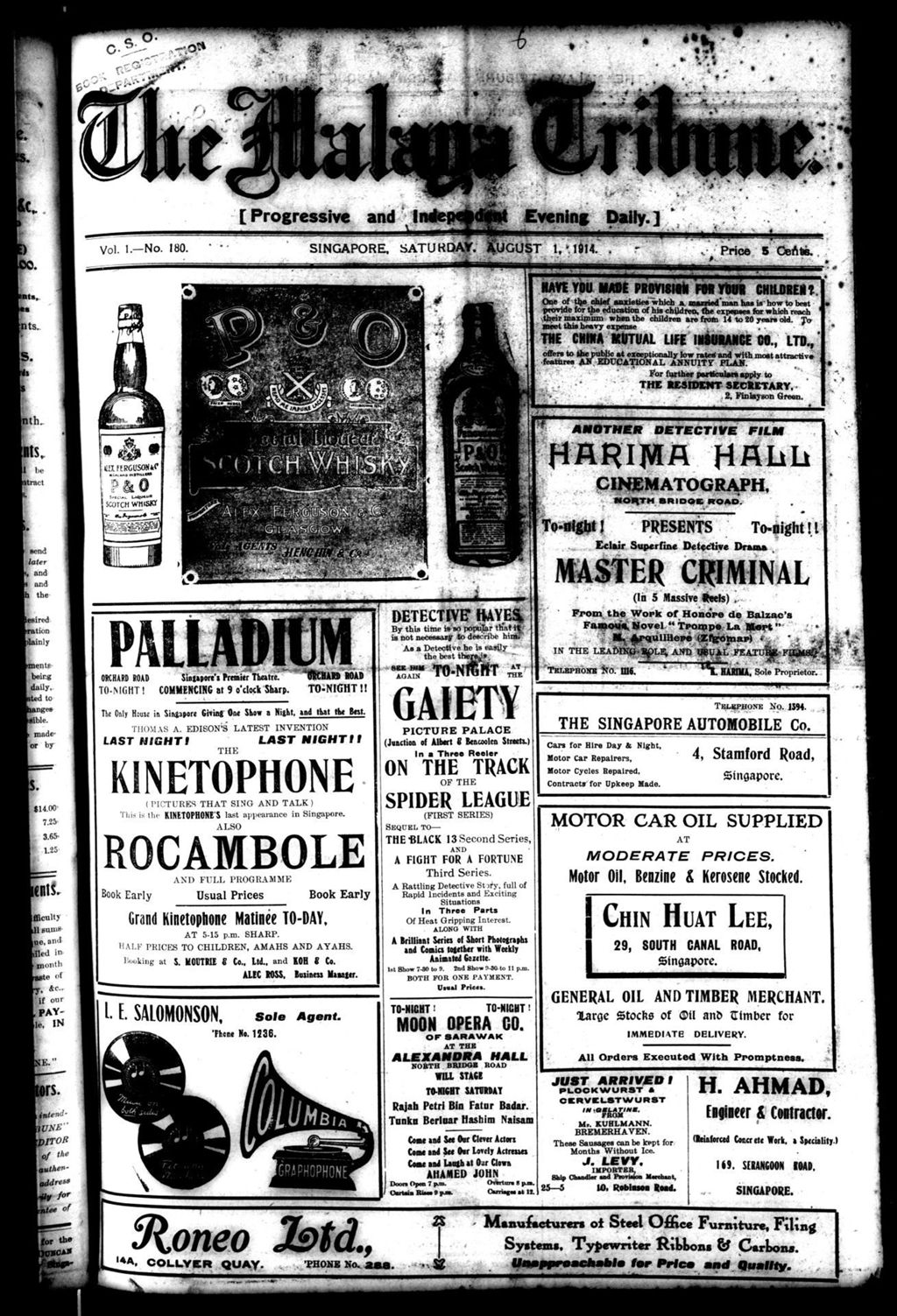 Miniature of Malaya Tribune 01 August 1914