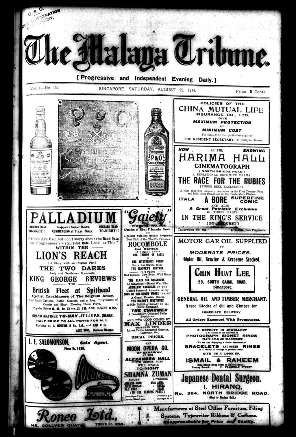 Miniature of Malaya Tribune 22 August 1914