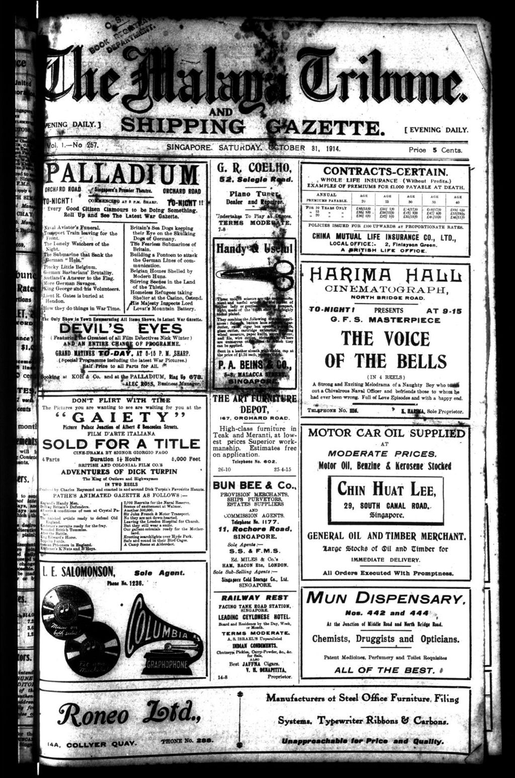 Miniature of Malaya Tribune 31 October 1914