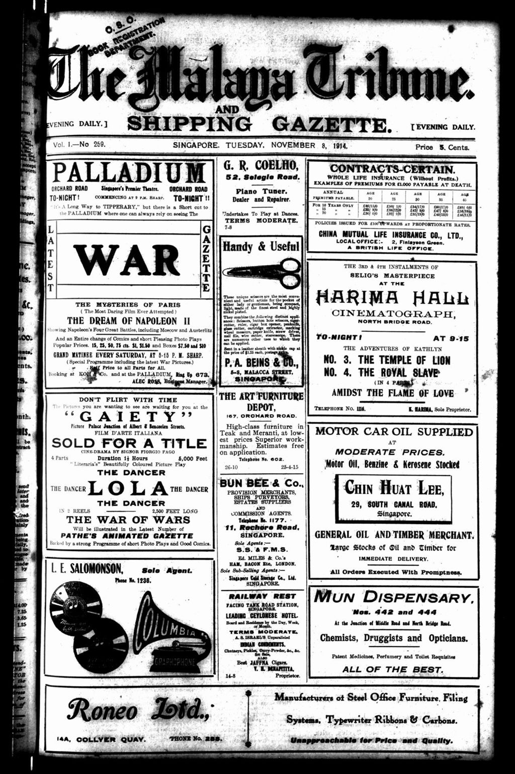 Miniature of Malaya Tribune 08 November 1914