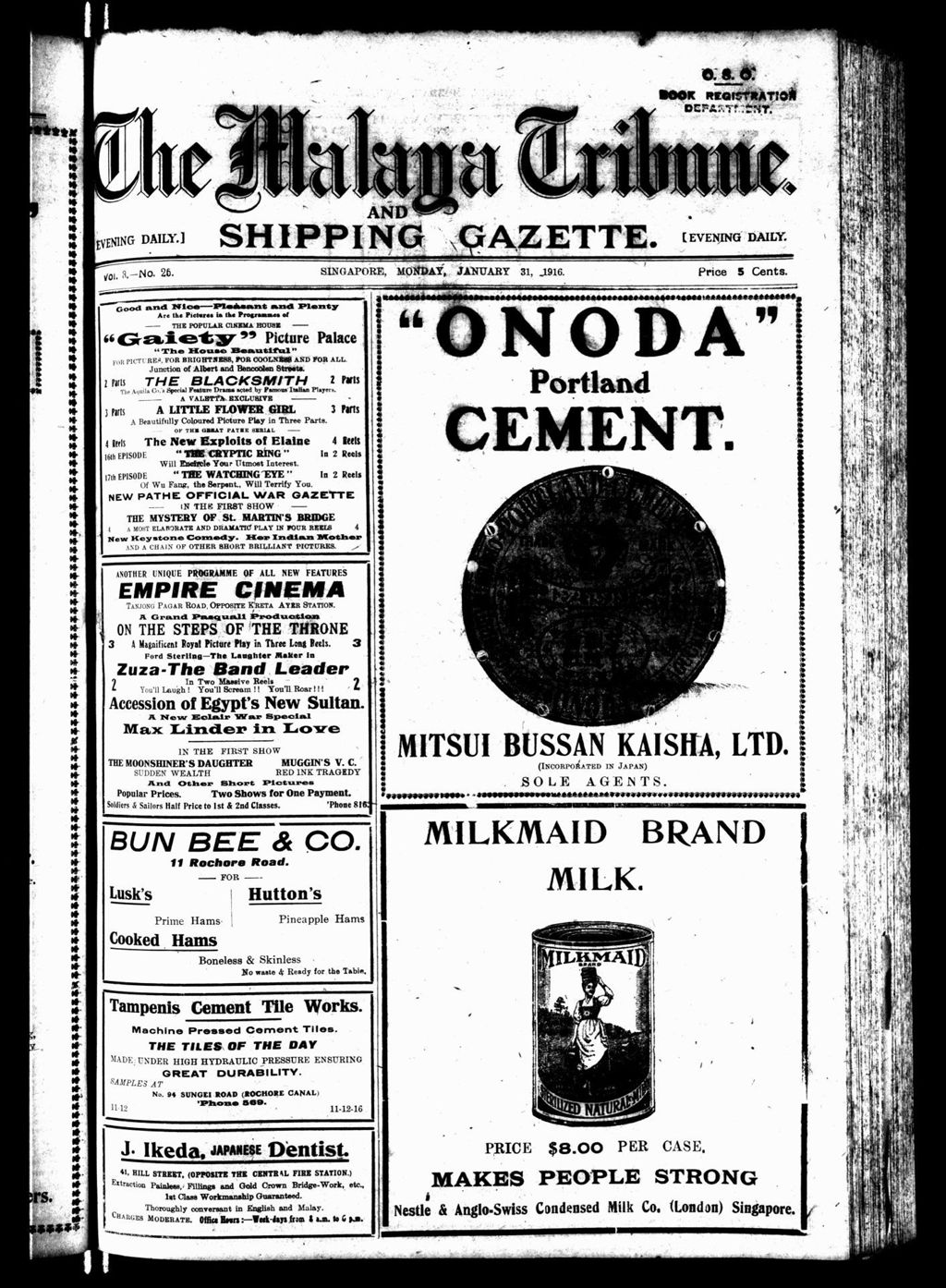 Miniature of Malaya Tribune 31 January 1916