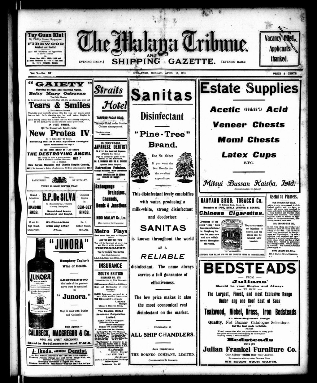 Miniature of Malaya Tribune 15 April 1918