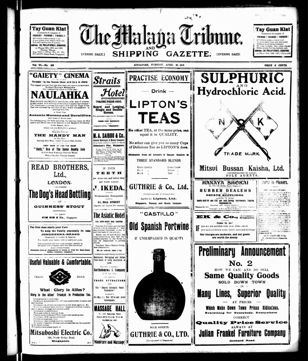 Miniature of Malaya Tribune 22 April 1919