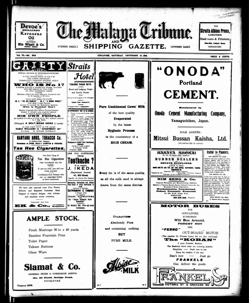 Miniature of Malaya Tribune 27 September 1919