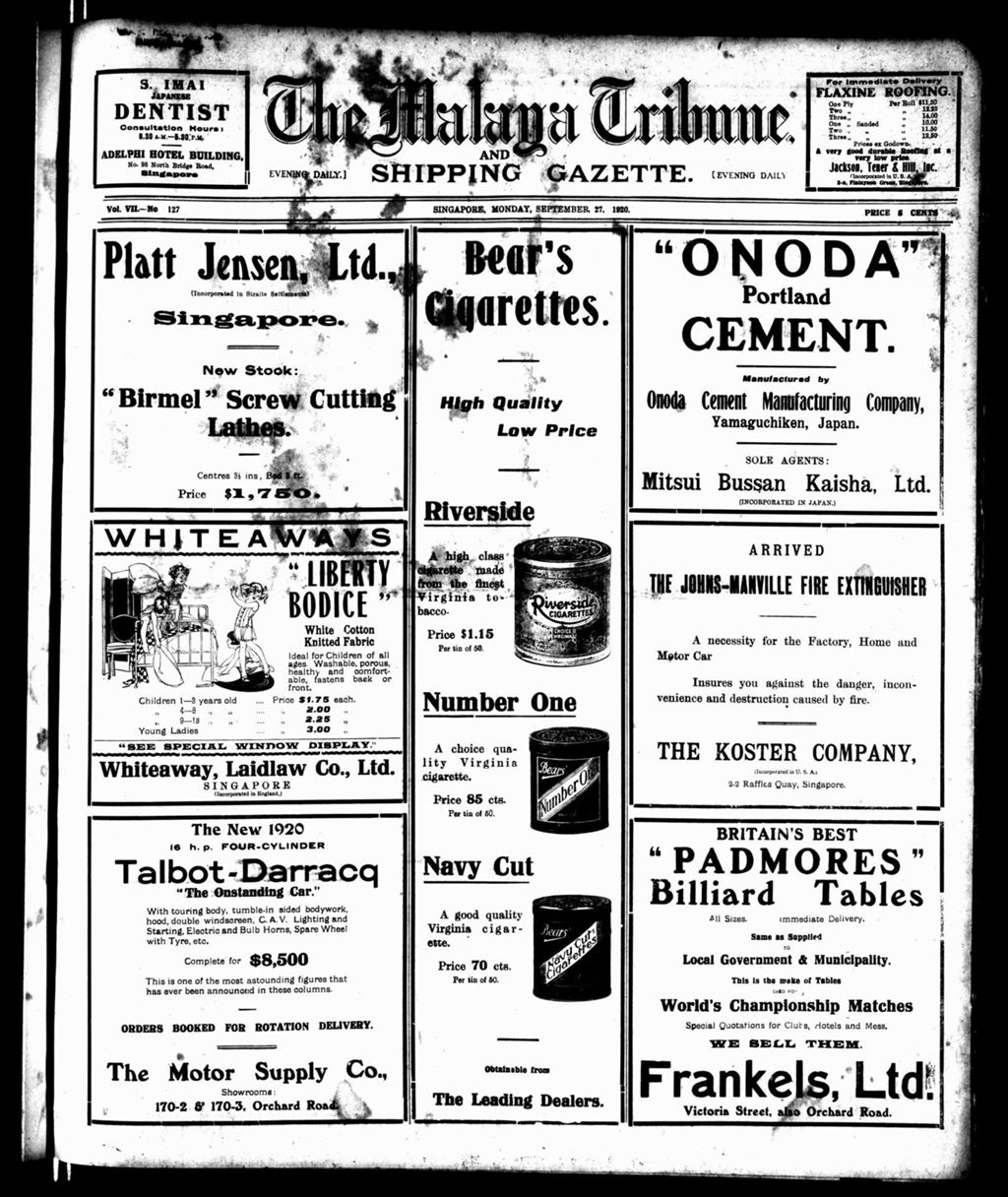 Miniature of Malaya Tribune 27 September 1920