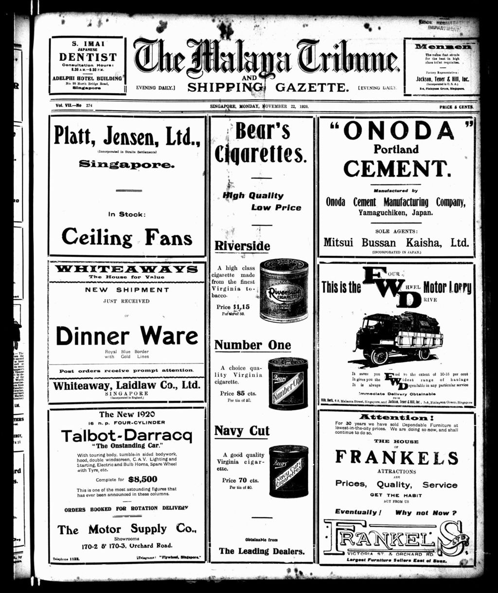 Miniature of Malaya Tribune 22 November 1920