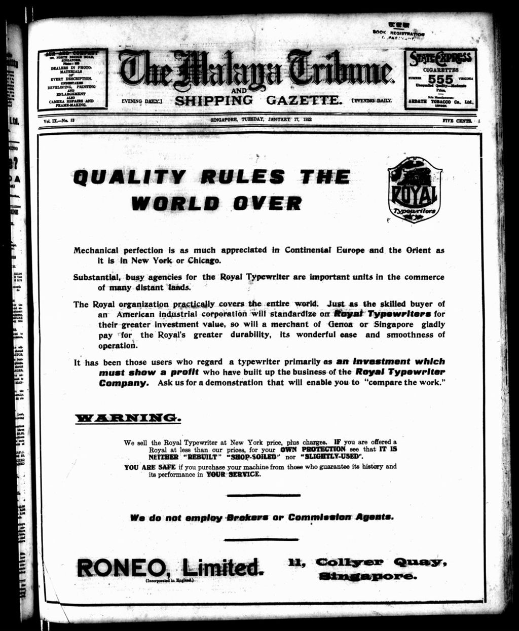 Miniature of Malaya Tribune 17 January 1922