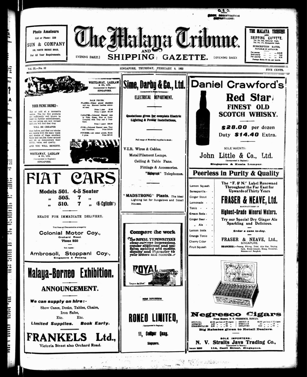 Miniature of Malaya Tribune 09 February 1922