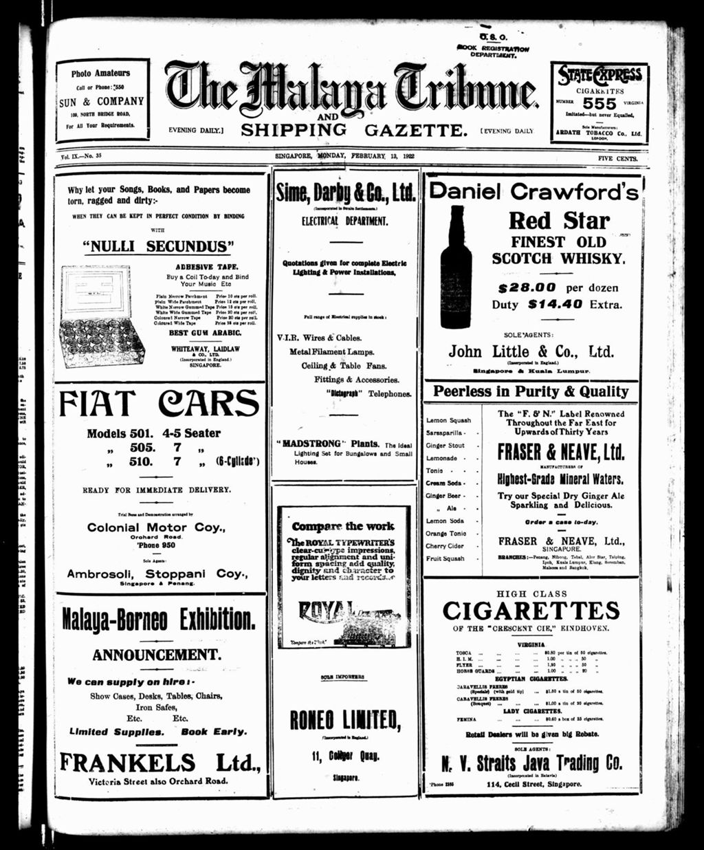 Miniature of Malaya Tribune 13 February 1922