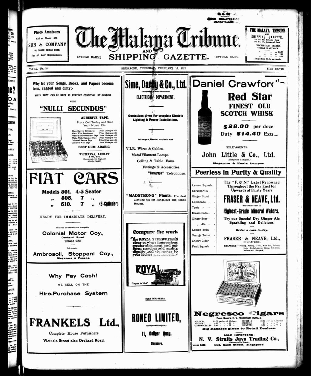 Miniature of Malaya Tribune 16 February 1922