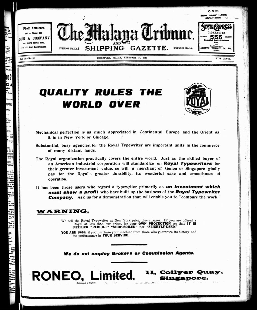 Miniature of Malaya Tribune 17 February 1922