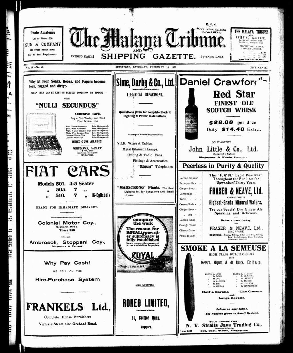 Miniature of Malaya Tribune 18 February 1922