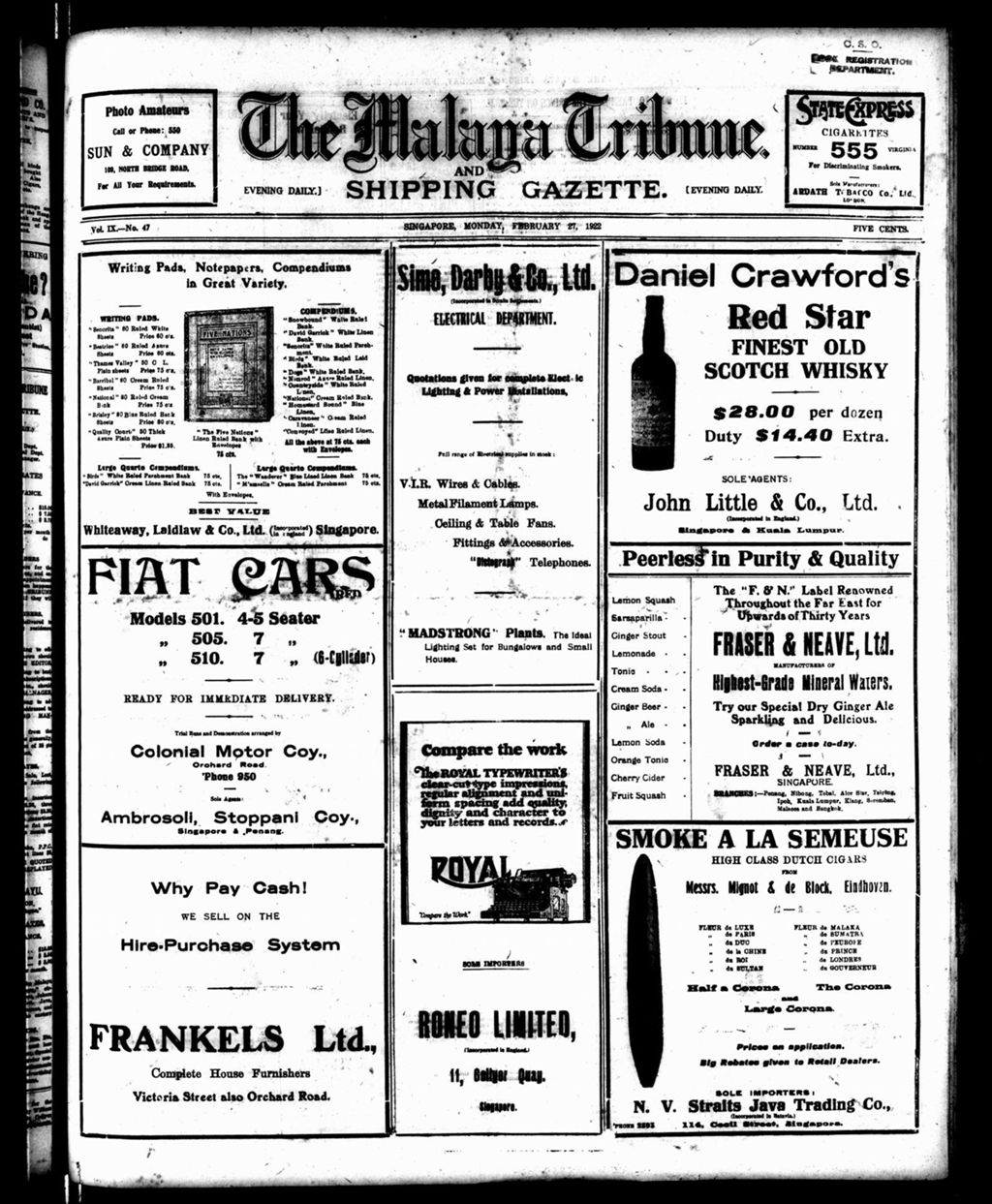 Miniature of Malaya Tribune 27 February 1922