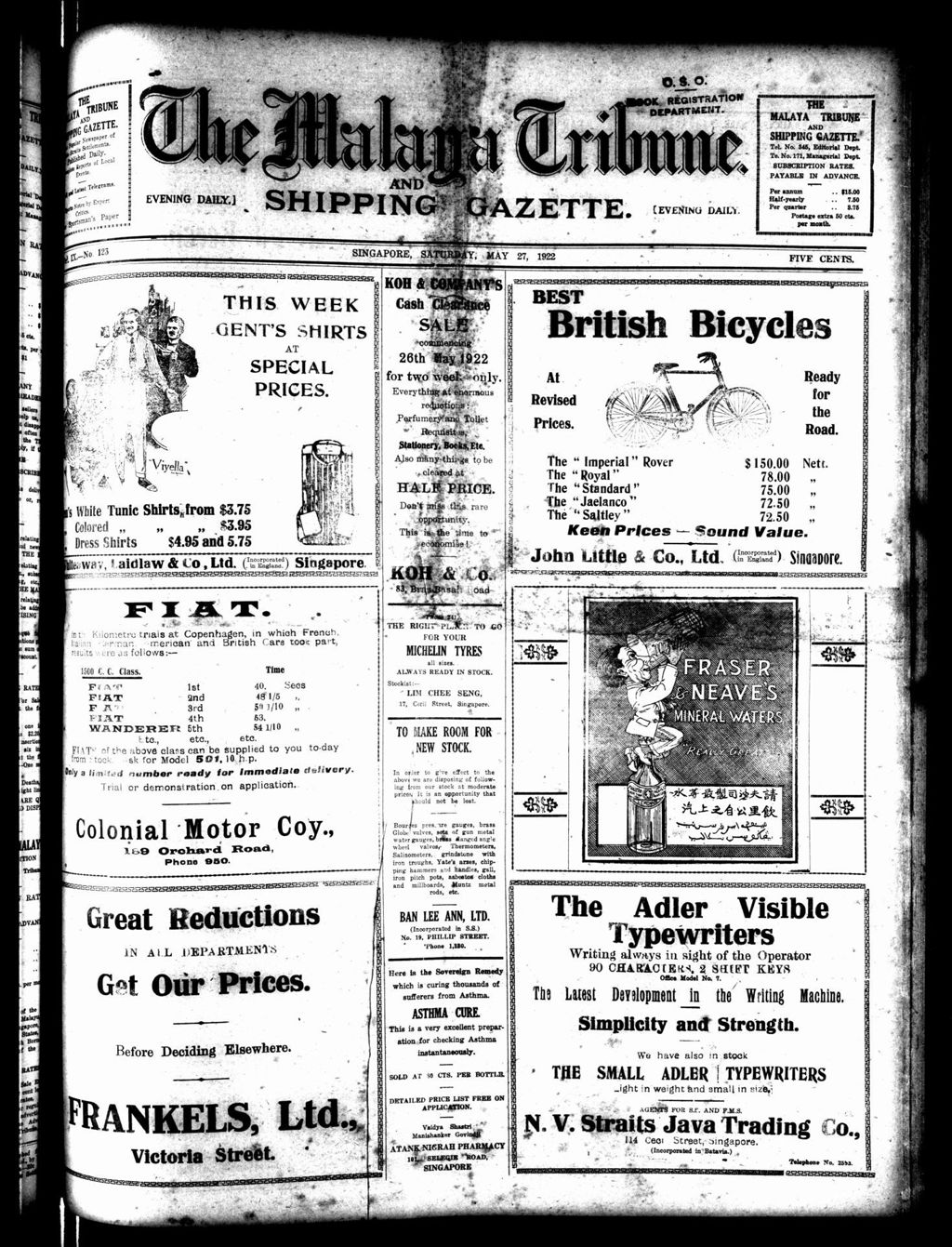 Miniature of Malaya Tribune 27 May 1922