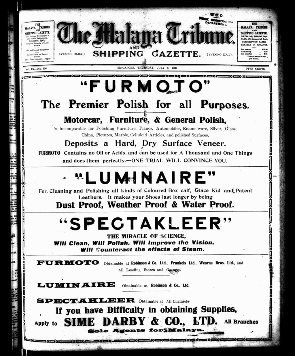 Miniature of Malaya Tribune 06 July 1922