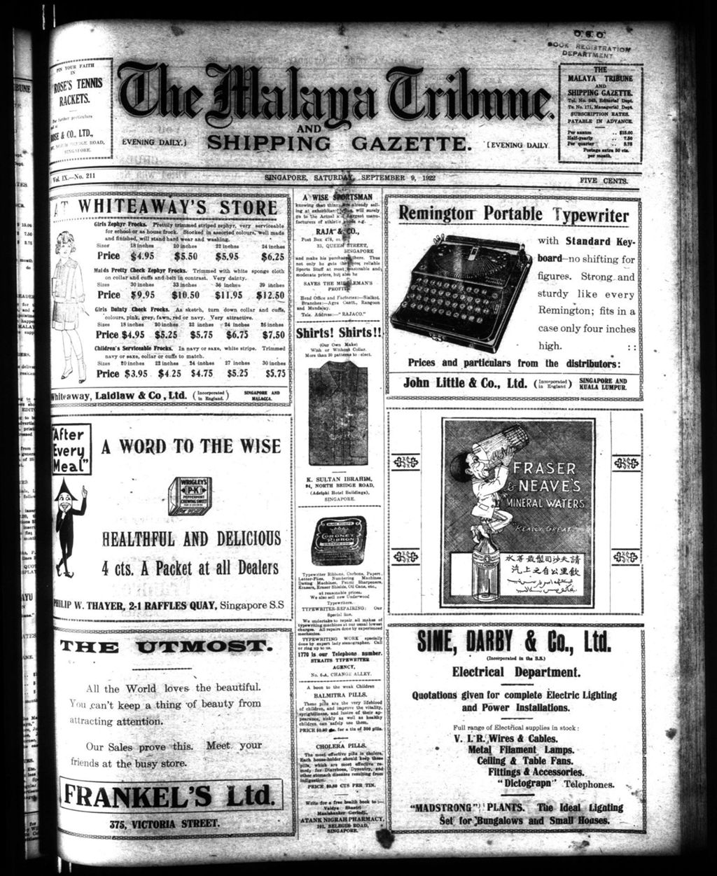 Miniature of Malaya Tribune 09 September 1922