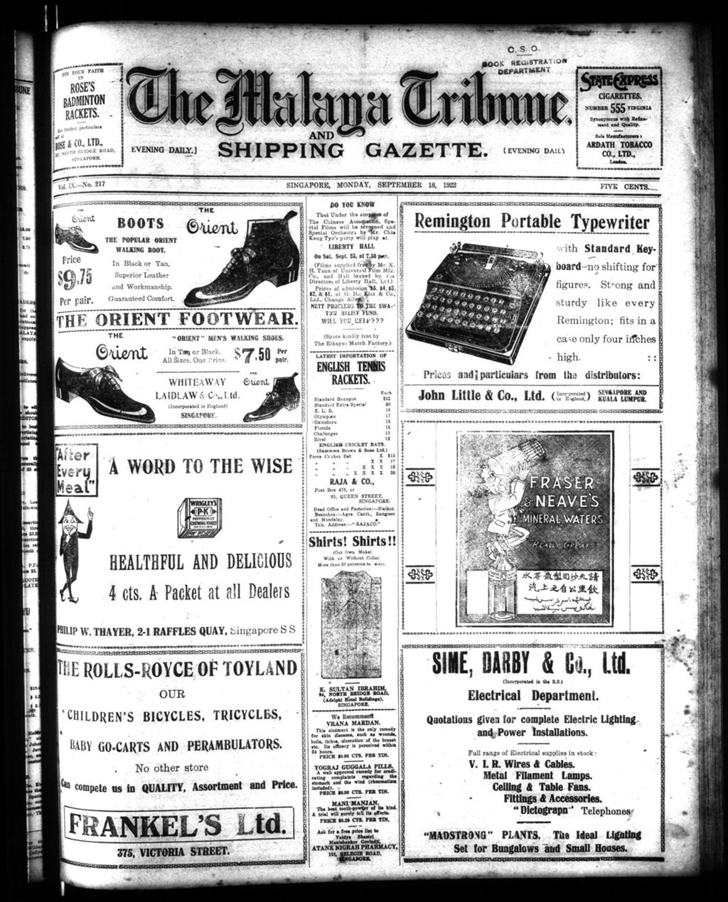 Miniature of Malaya Tribune 18 September 1922