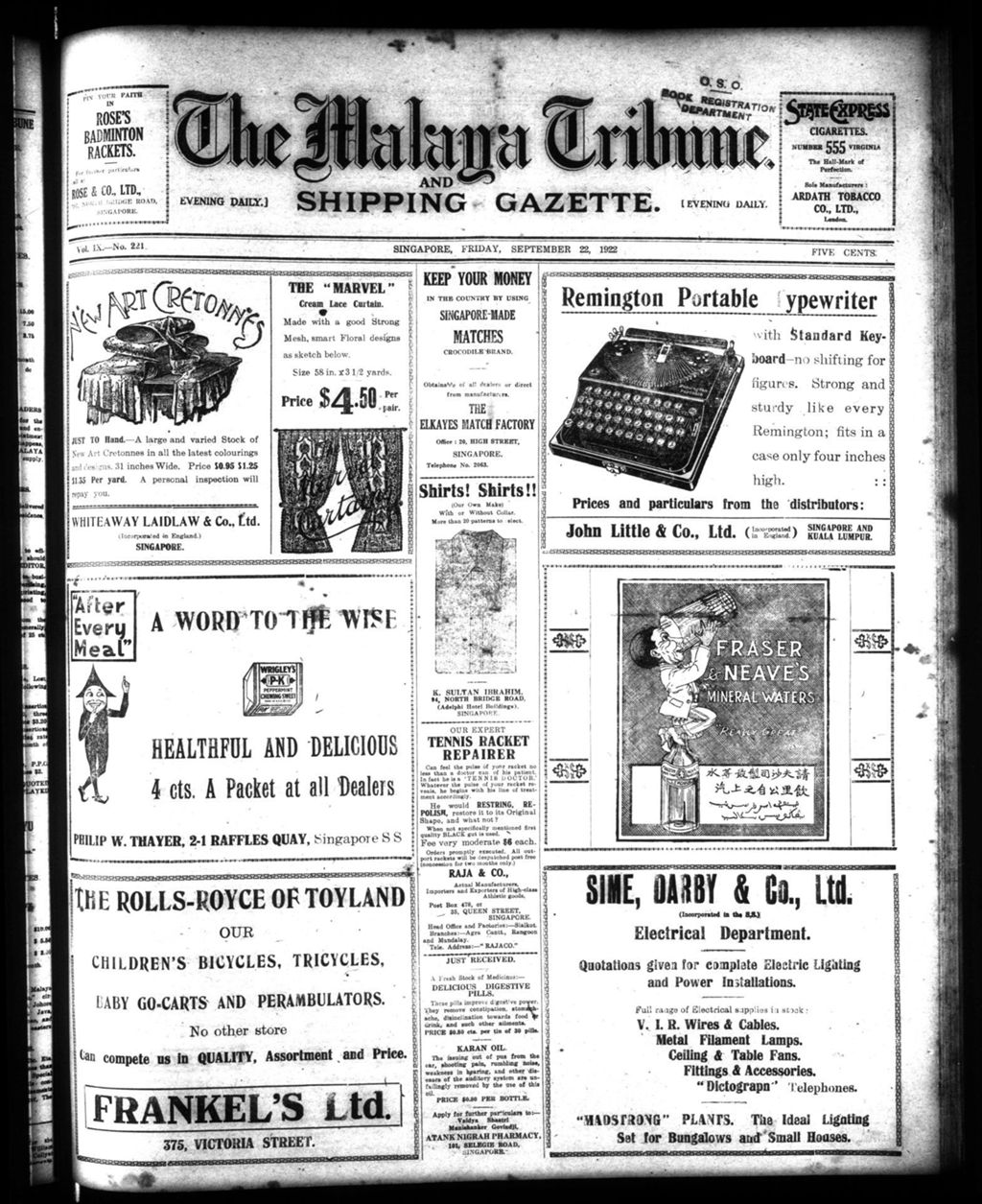 Miniature of Malaya Tribune 22 September 1922