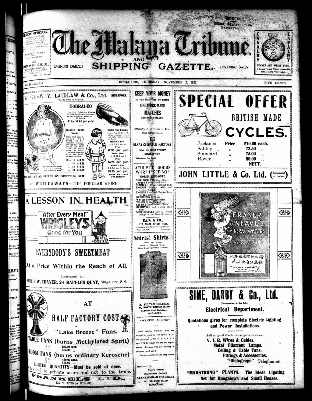 Miniature of Malaya Tribune 02 November 1922