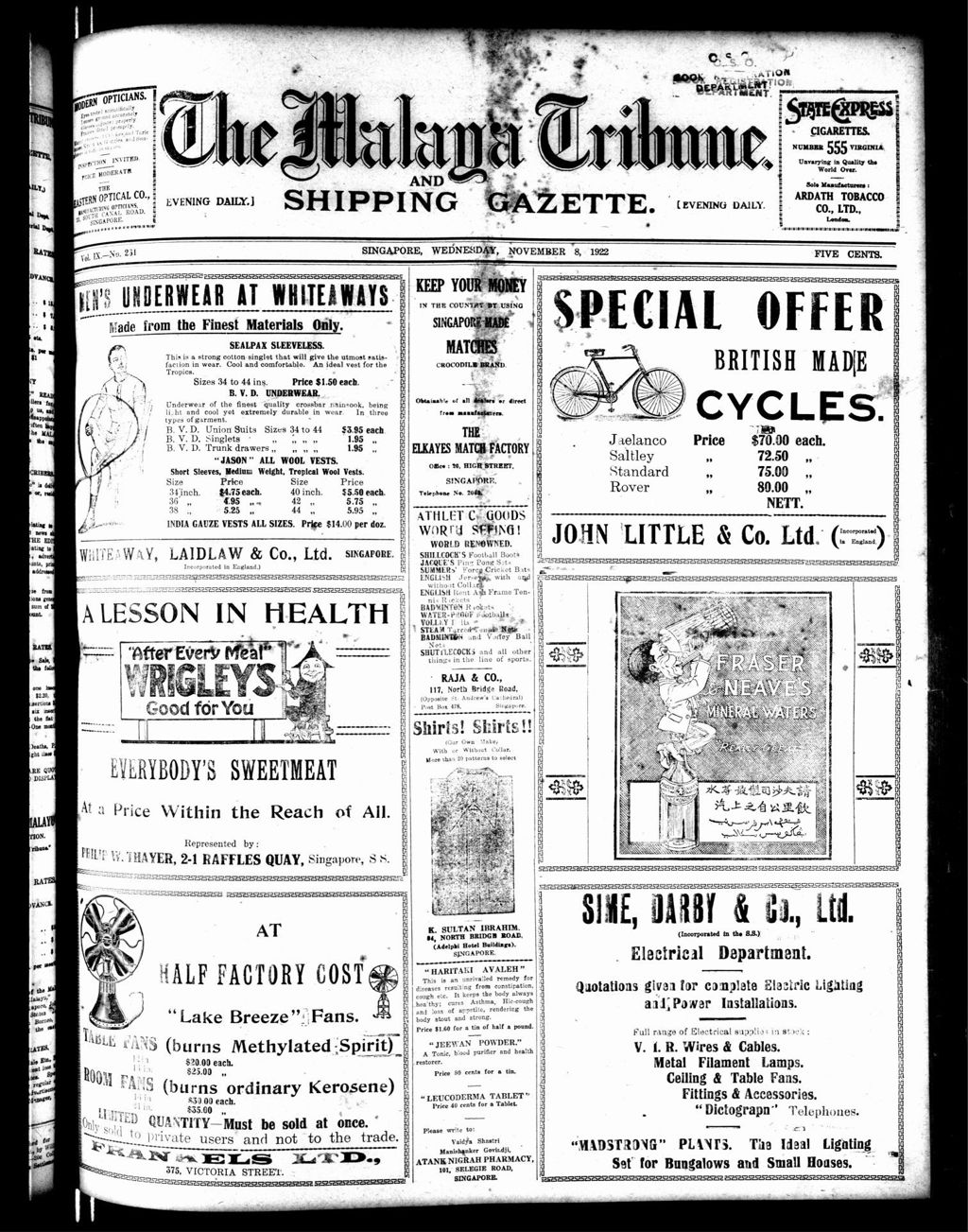 Miniature of Malaya Tribune 08 November 1922