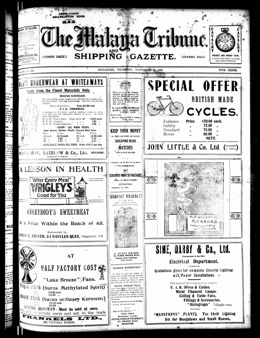 Miniature of Malaya Tribune 09 November 1922