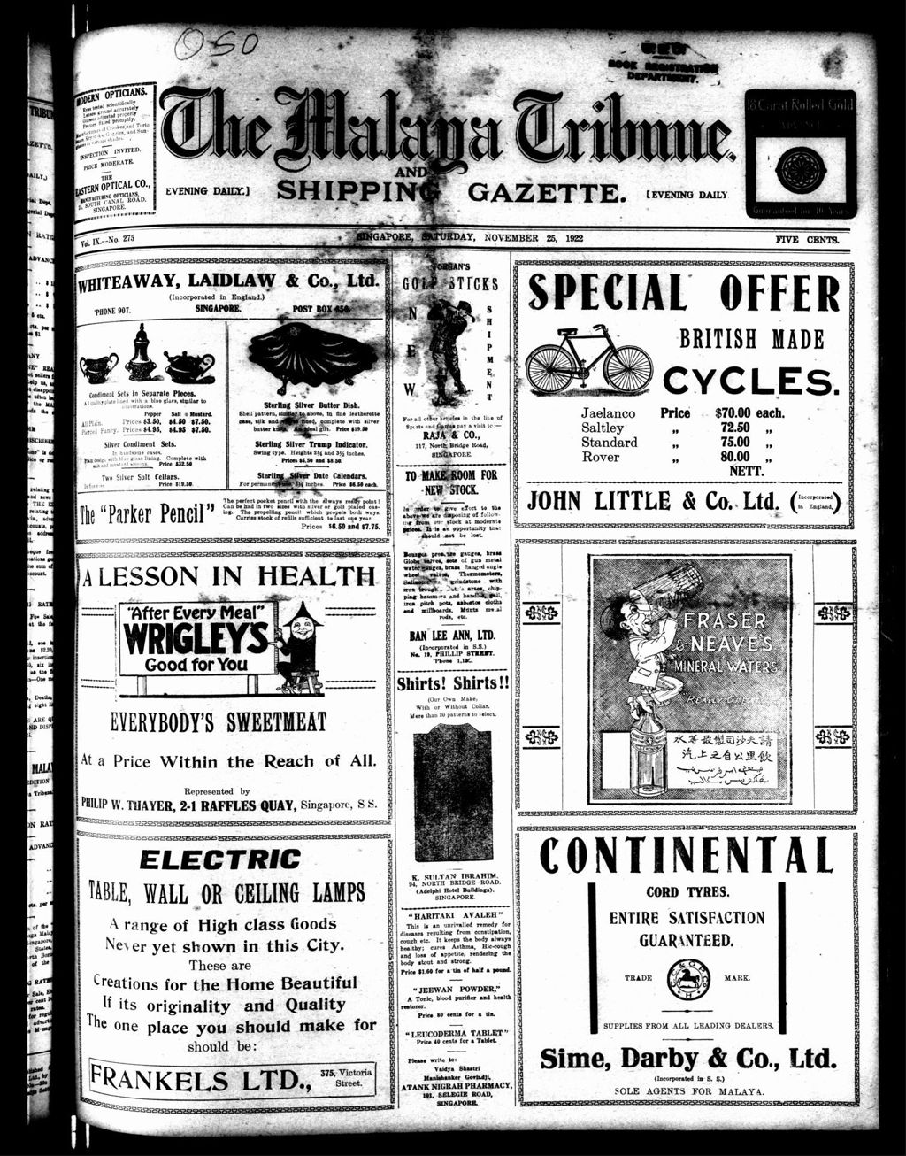 Miniature of Malaya Tribune 25 November 1922