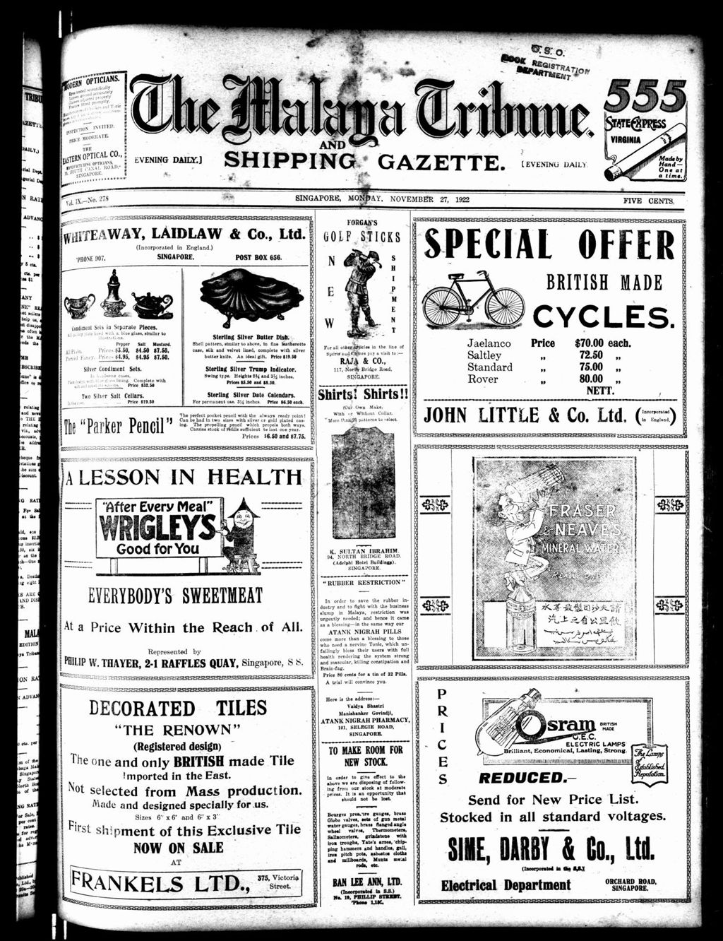 Miniature of Malaya Tribune 27 November 1922