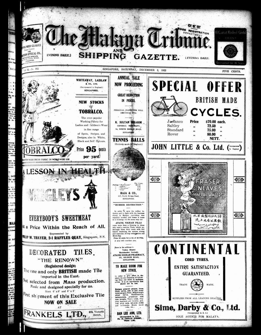 Miniature of Malaya Tribune 02 December 1922