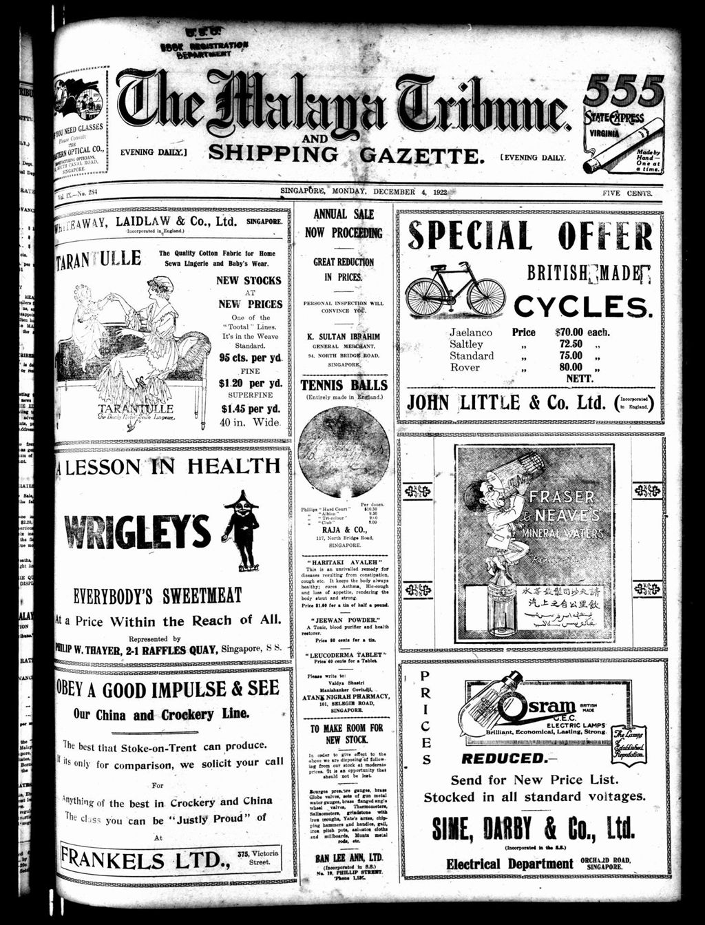 Miniature of Malaya Tribune 04 December 1922