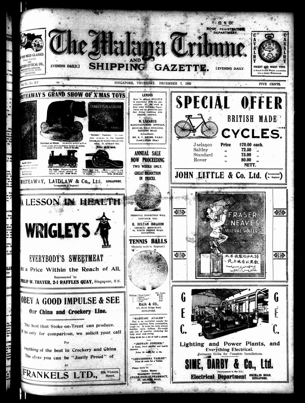 Miniature of Malaya Tribune 07 December 1922