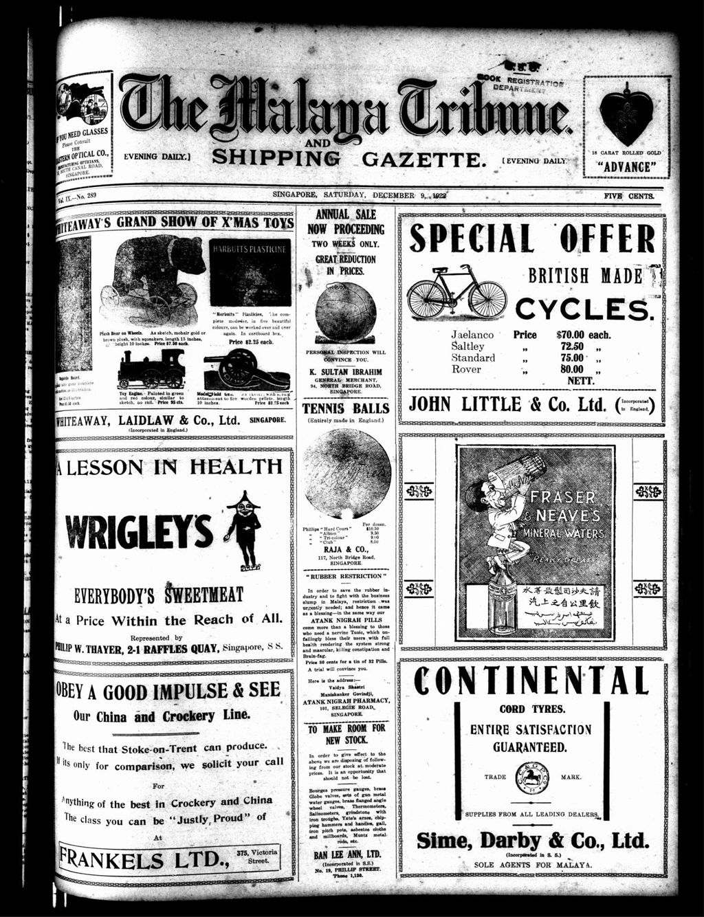 Miniature of Malaya Tribune 09 December 1922