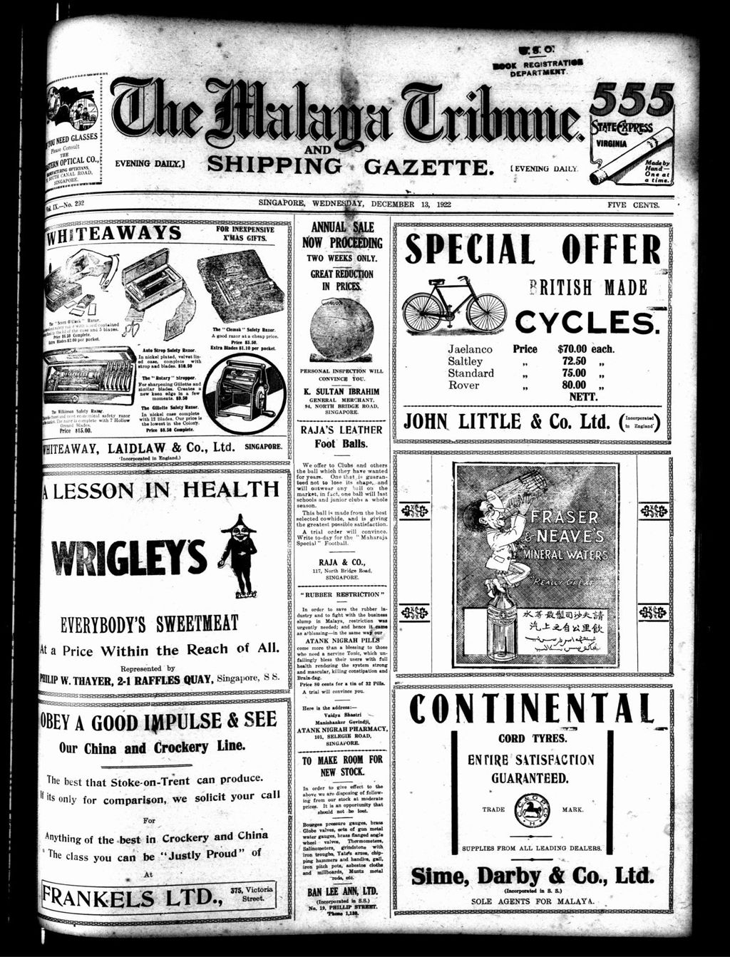 Miniature of Malaya Tribune 13 December 1922