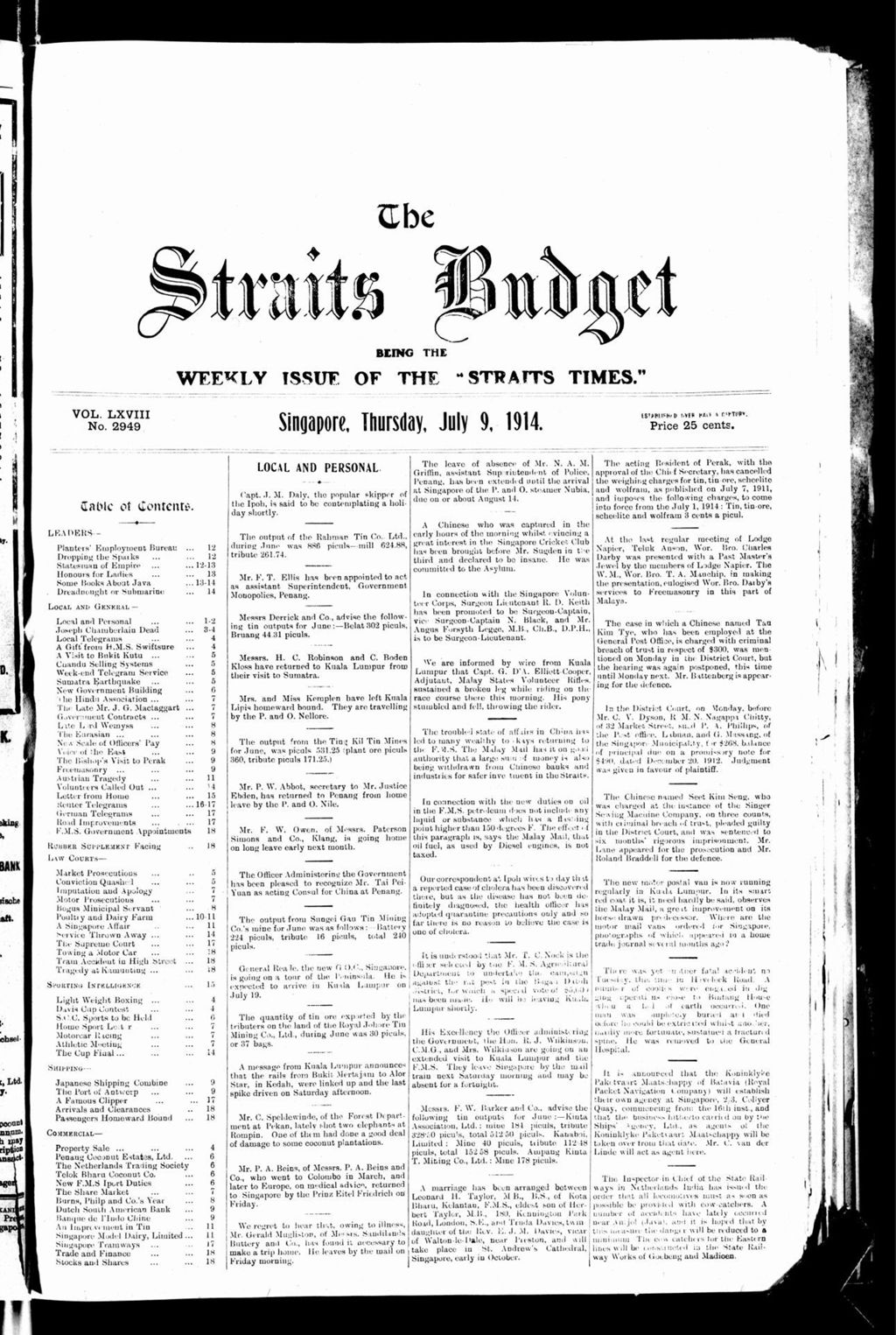 Miniature of Straits Budget 09 July 1914