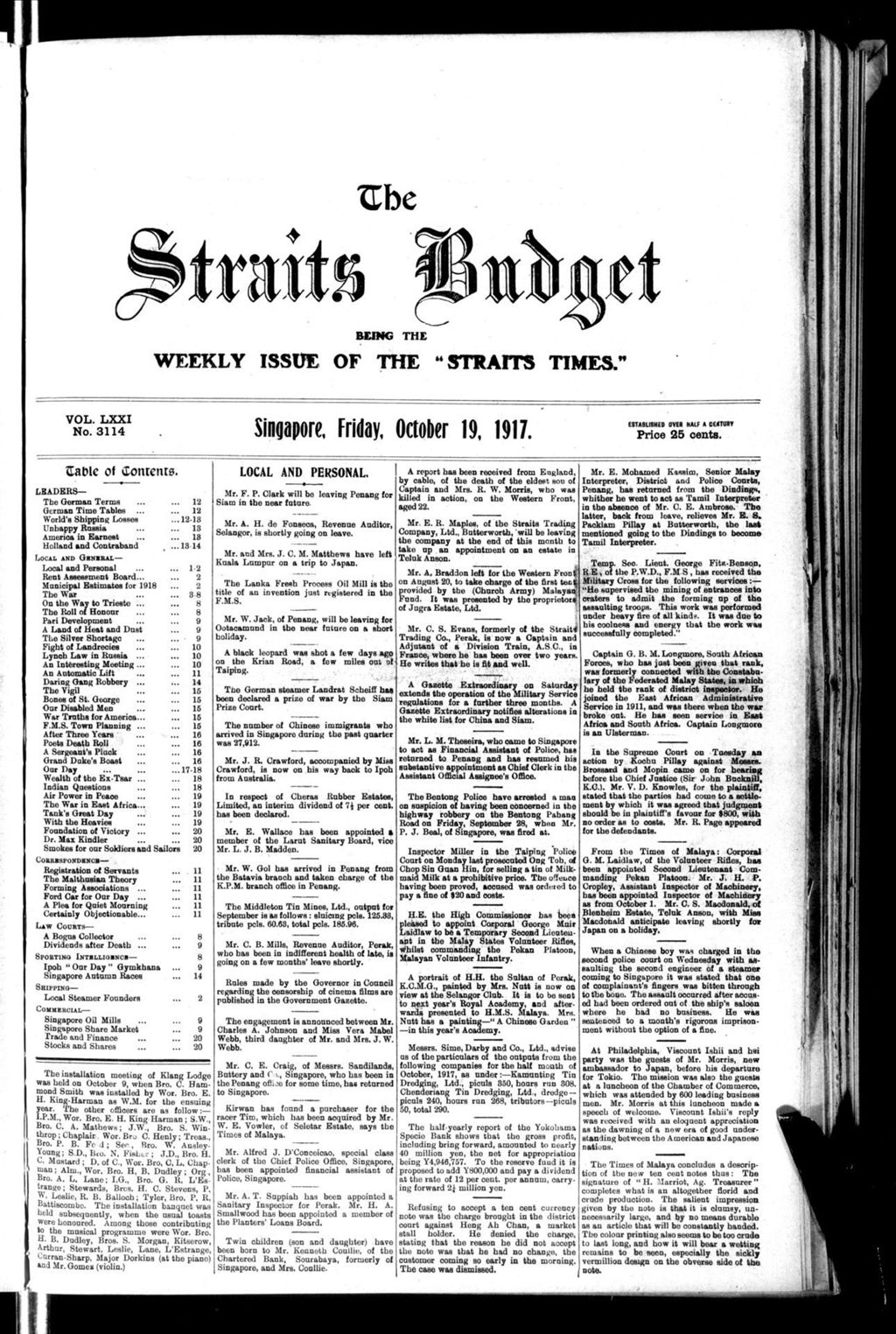 Miniature of Straits Budget 19 October 1917