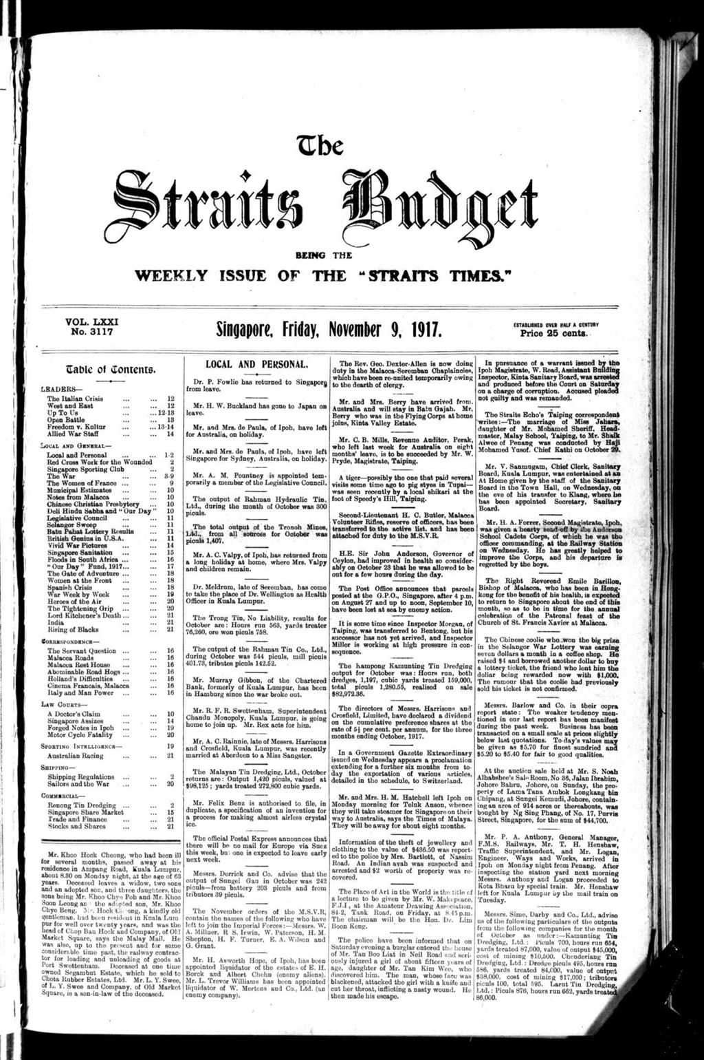 Miniature of Straits Budget 09 November 1917