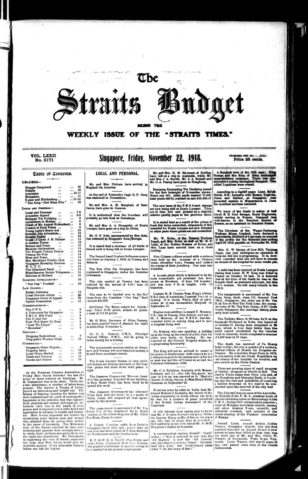 Miniature of Straits Budget 22 November 1918