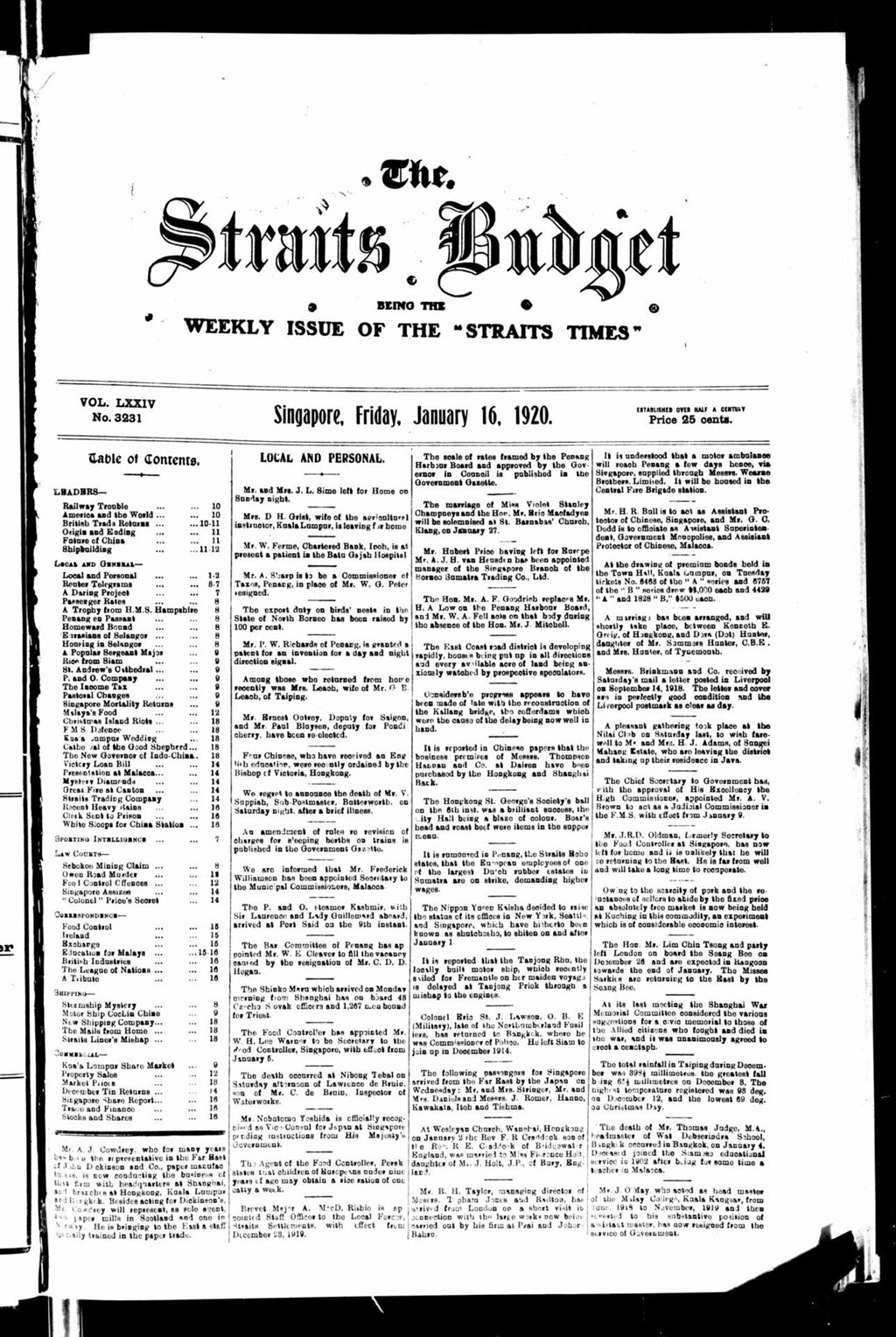 Miniature of Straits Budget 16 January 1920