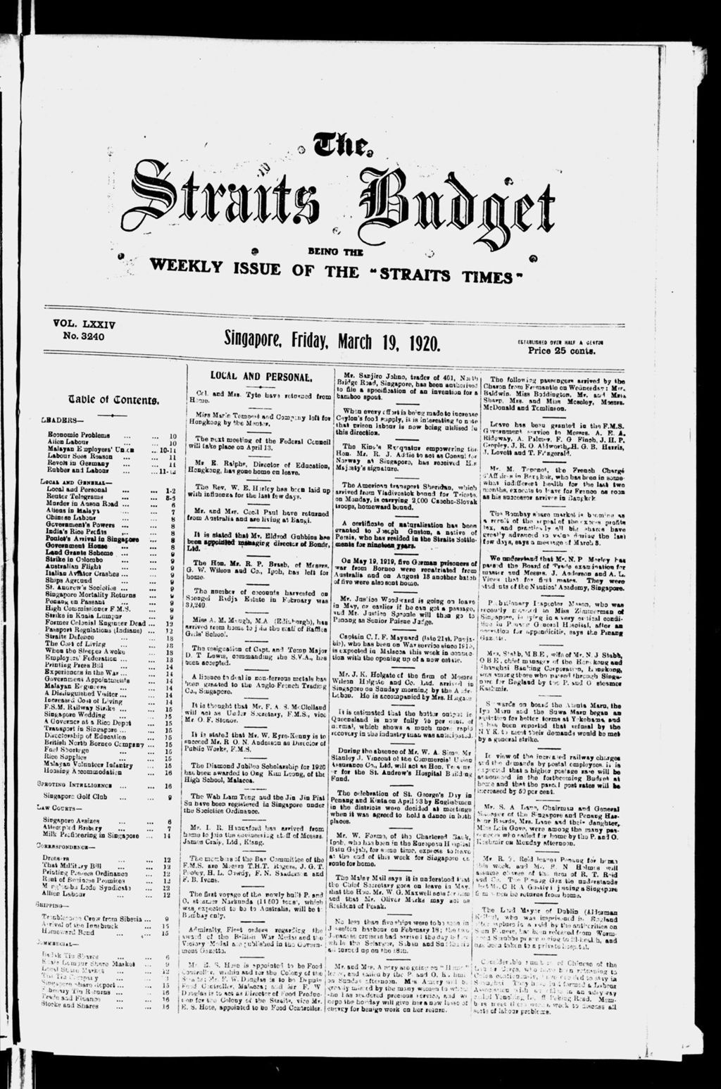 Miniature of Straits Budget 19 March 1920