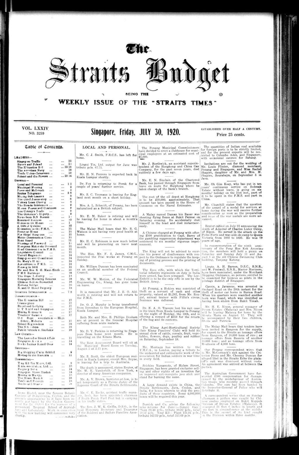 Miniature of Straits Budget 30 July 1920