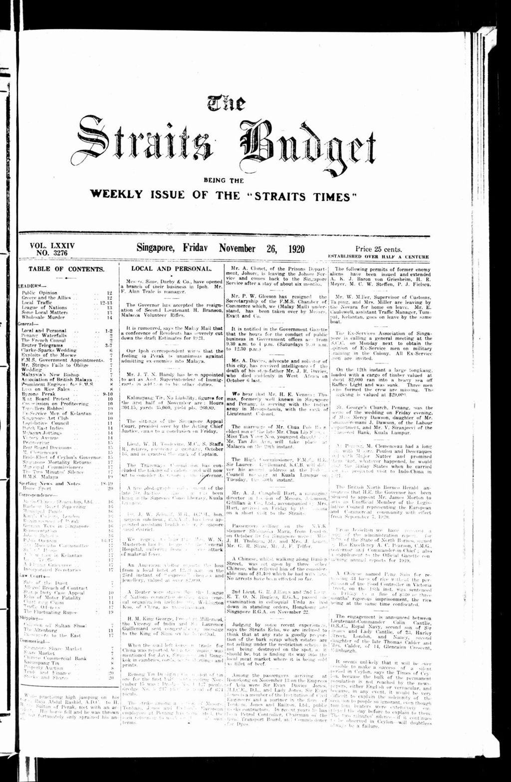 Miniature of Straits Budget 26 November 1920