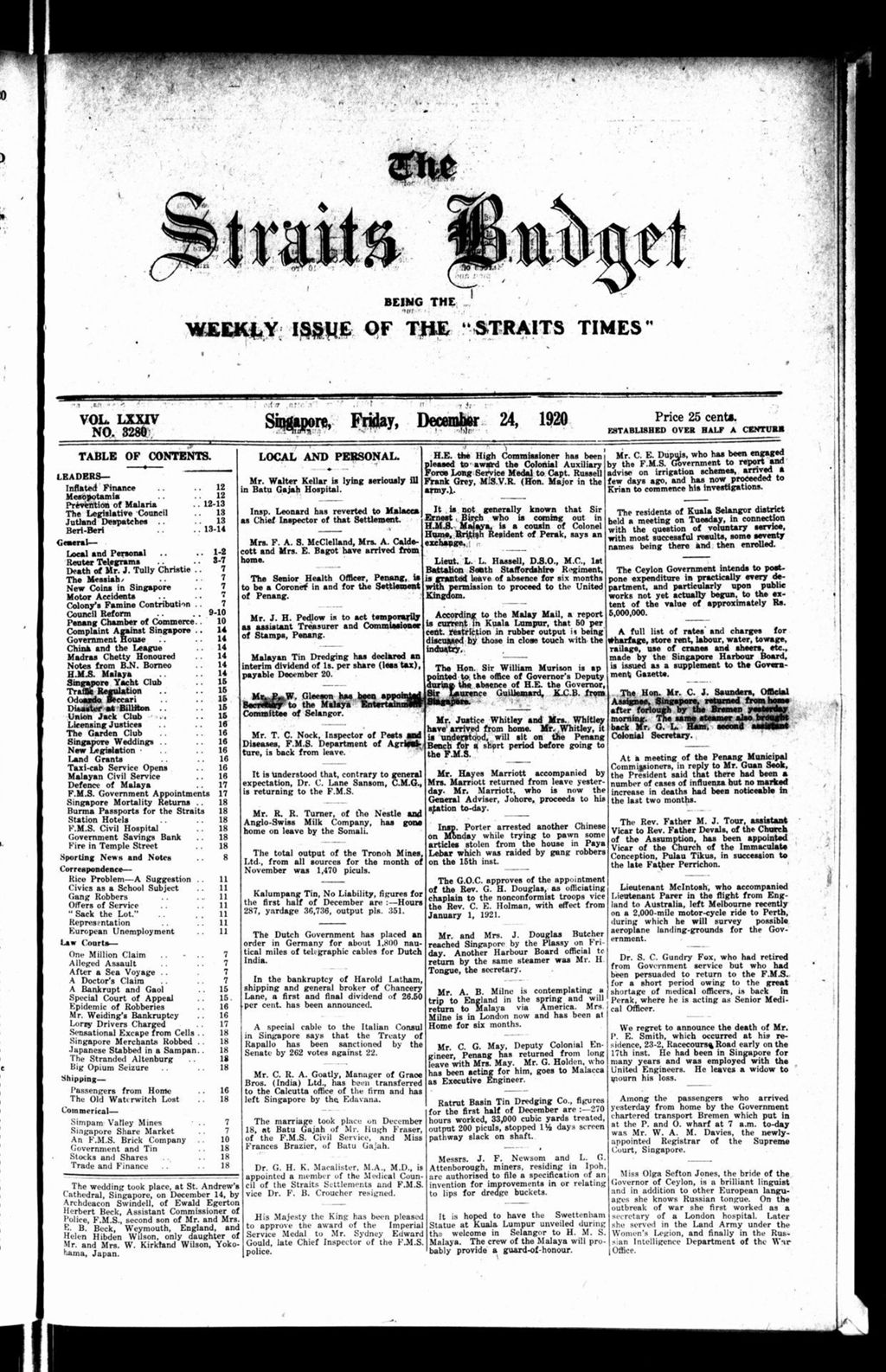 Miniature of Straits Budget 24 December 1920