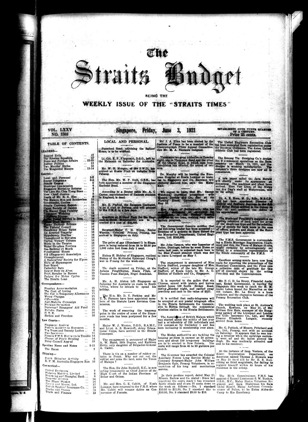 Miniature of Straits Budget 03 June 1921