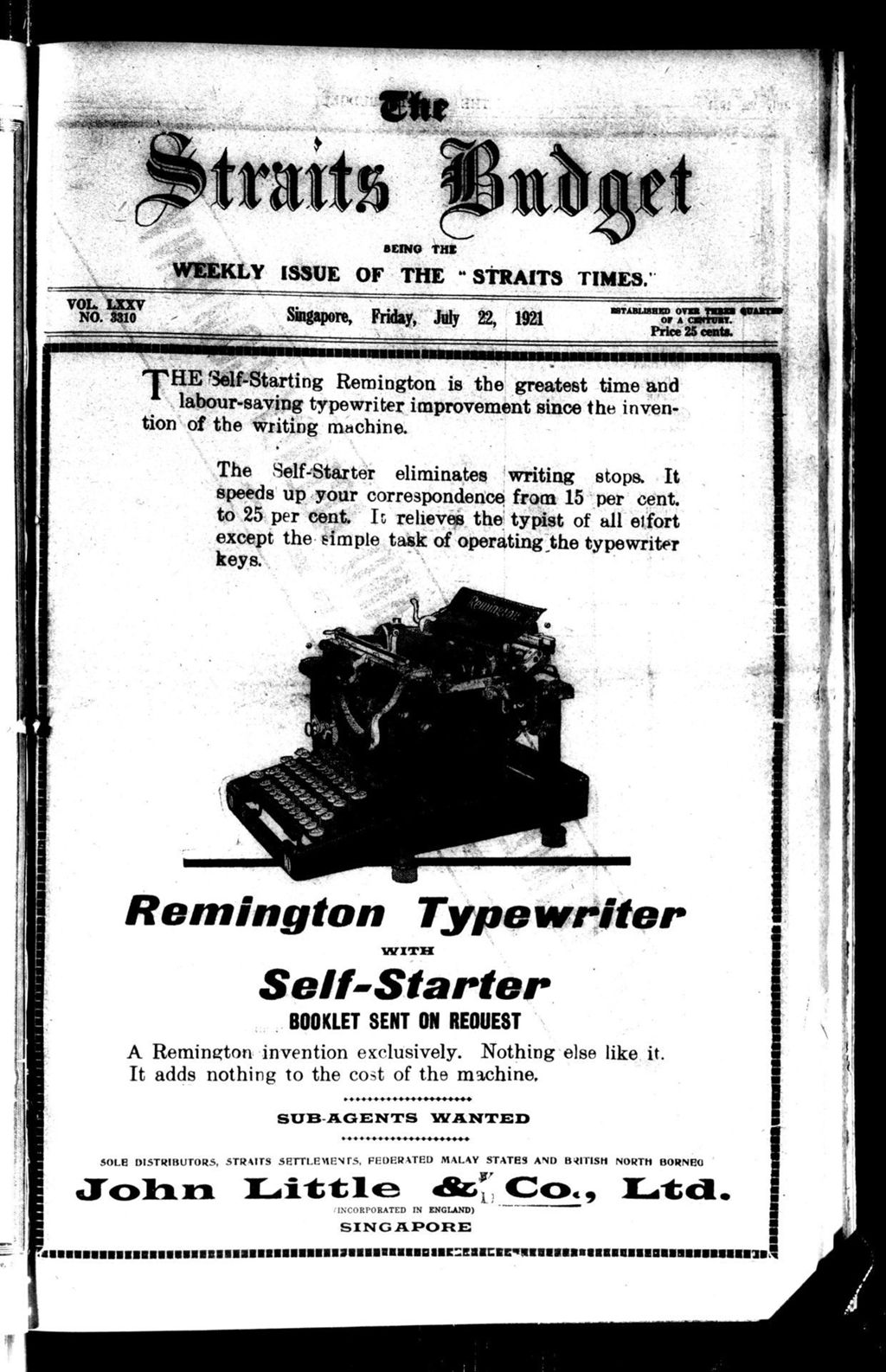 Miniature of Straits Budget 22 July 1921