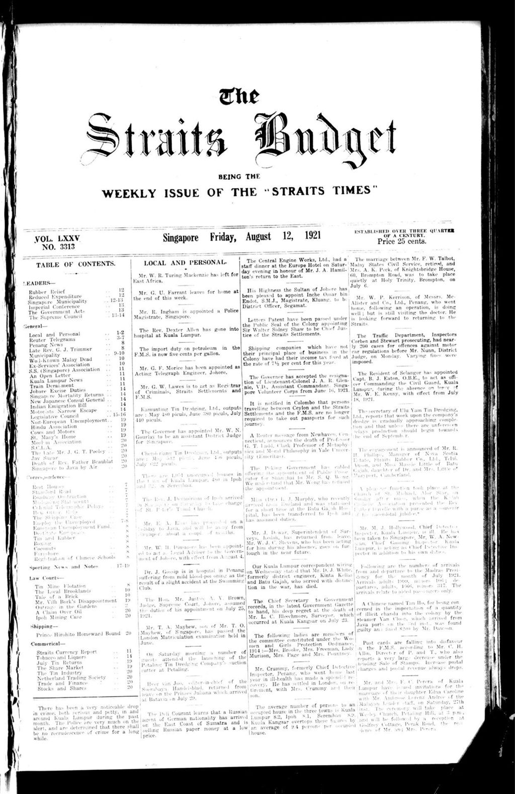 Miniature of Straits Budget 12 August 1921