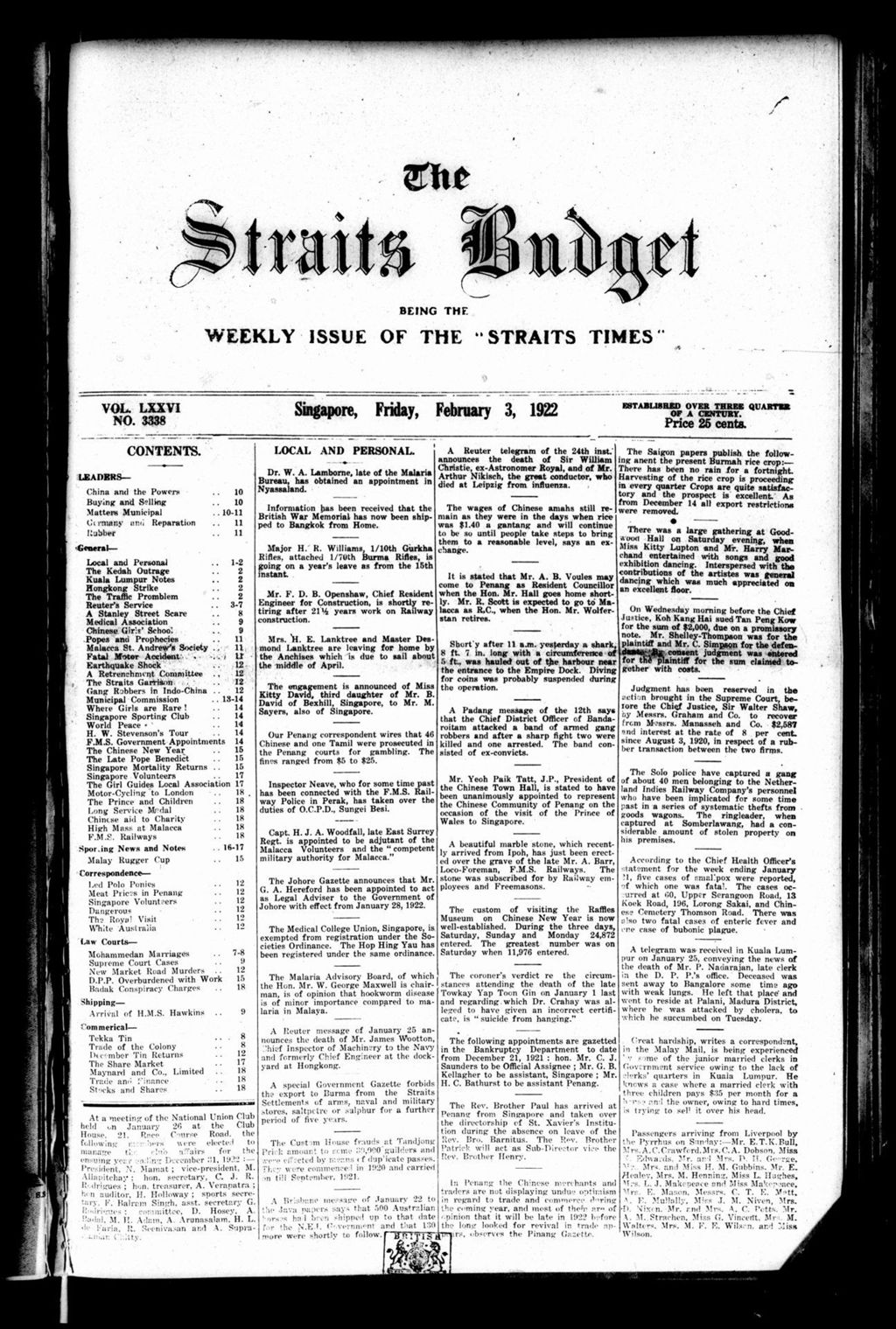 Miniature of Straits Budget 03 February 1922