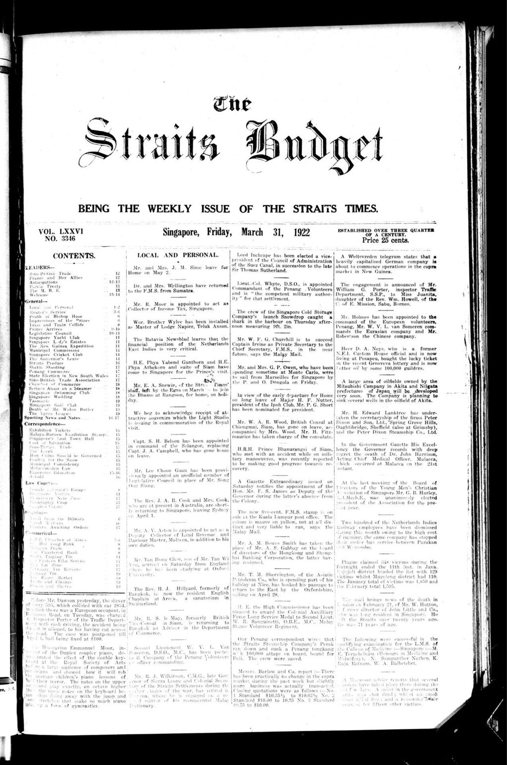 Miniature of Straits Budget 31 March 1922