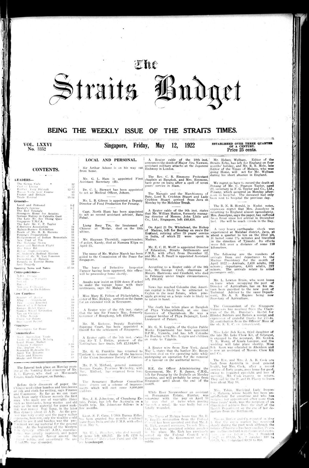 Miniature of Straits Budget 12 May 1922