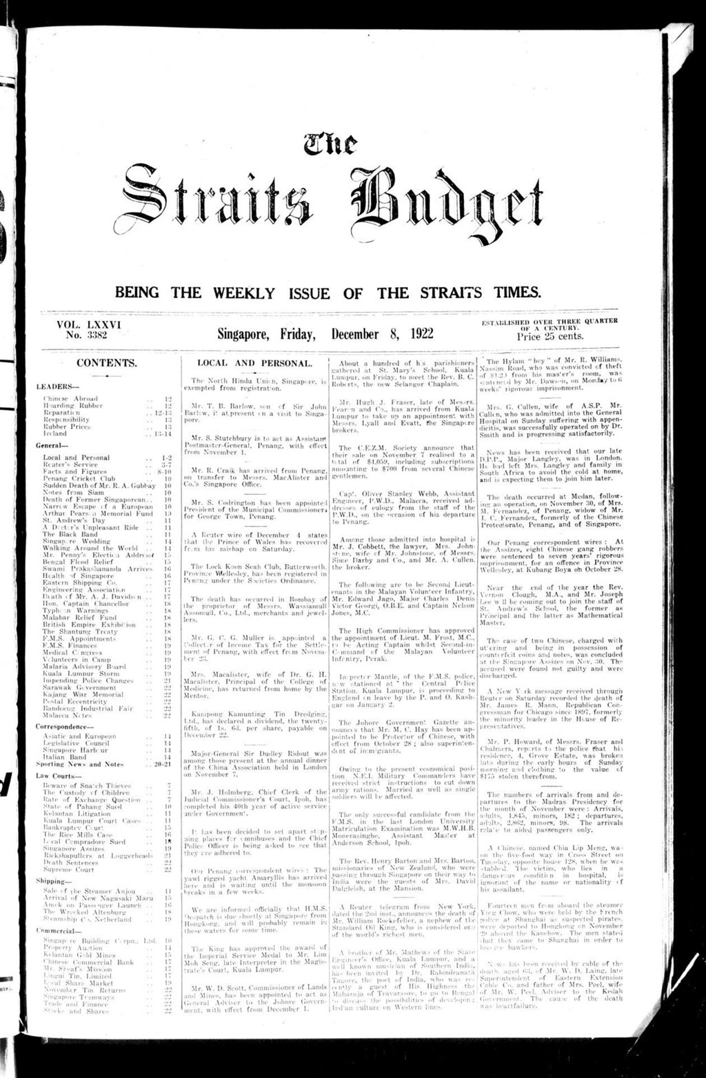 Miniature of Straits Budget 08 December 1922