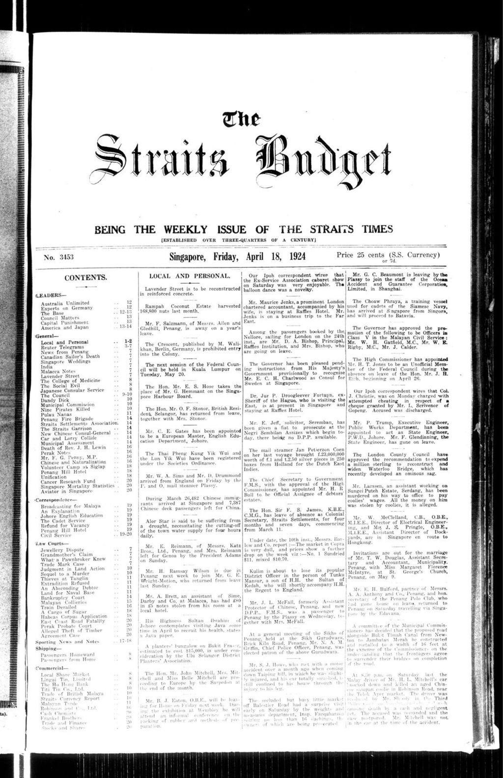 Miniature of Straits Budget 18 April 1924