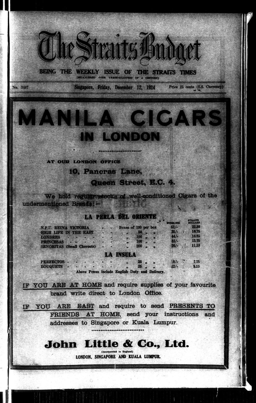 Miniature of Straits Budget 12 December 1924